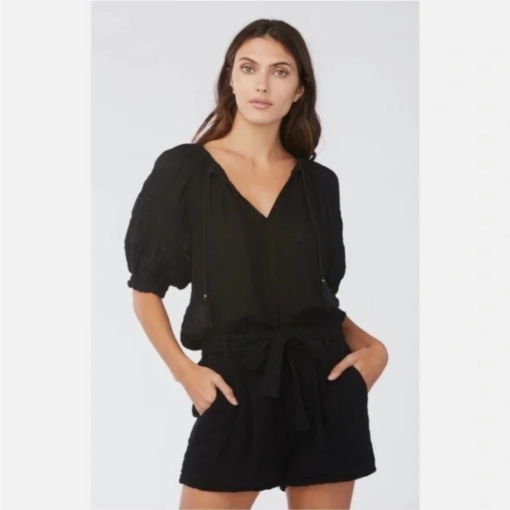 Sundays Colette Eyelet Puff Sleeve Blouse Top Womens 3 Black Cotton Tasseled